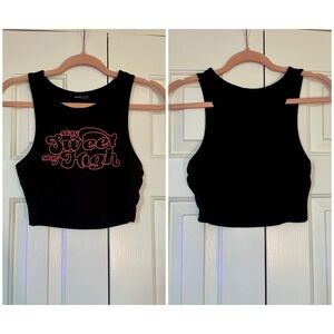 Black Ribbed Crop Top with Pink Graphic